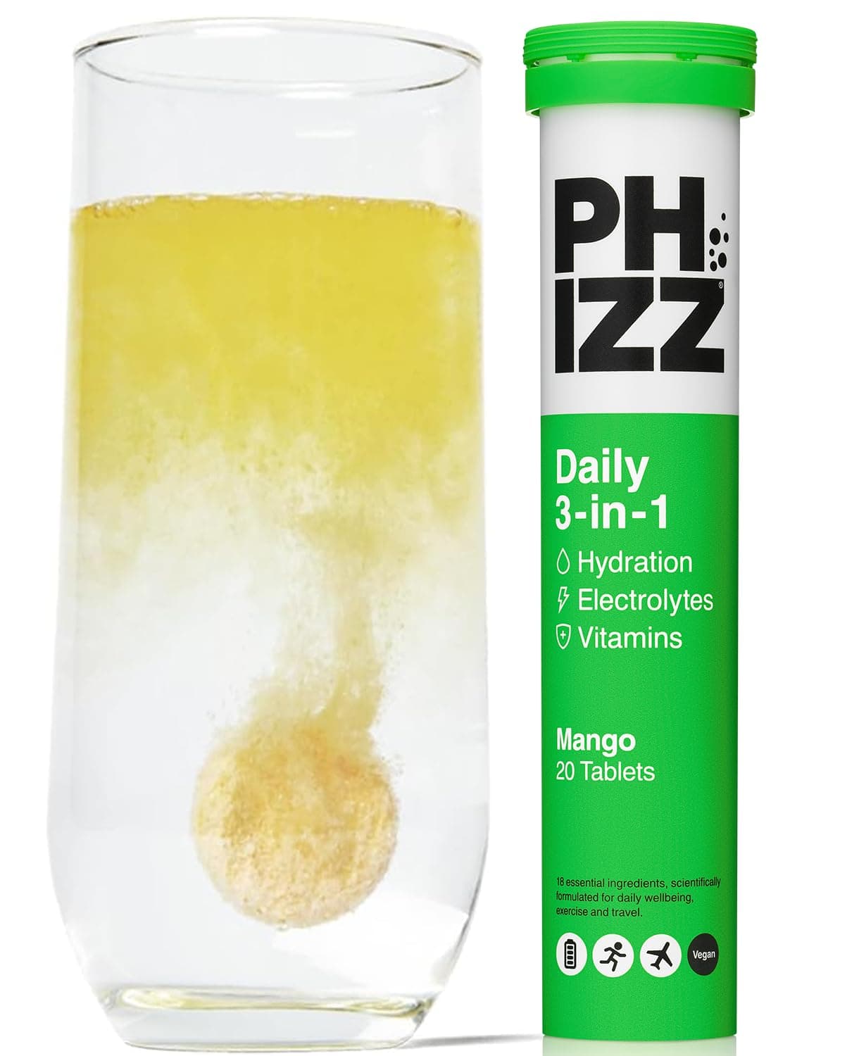 Phizz Electrolytes, Multivitamin & Hydration Tablets - 20 Effervescent Rehydration Electrolyte Tablets - 18 Vitamins & Minerals, Vitamin C, Vegan, Vegetarian & Low Calorie (Mango, 20 Tablets)