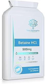 Betaine HCl 500mg per Capsule - 120 Vegan Capsules | High Strength Betaine Hydrochloride | No fillers, No Binders & No Flow Agents | Non-GMO, Gluten Free & SOYA Free | Made in The UK