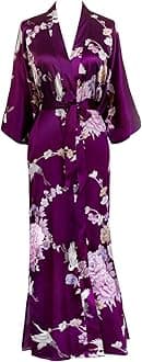 OLDSHANGHAI Women's Satin Kimono Robe Long - Floral, Chrysanthemum & Crane - Plum, One size