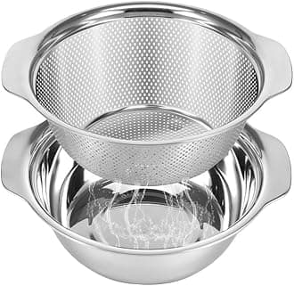 Stainless Steel Microporous Colander for Kitchen, 4QT Large Capacity, Colander and Bowl Set of Two, Stainless Steel Drain Basket with Mixing Bowl, for Washing Fruits and Vegetables