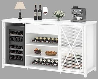 LVB Coffee Bar Cabinet with Fridge Space, Modern Large White Wine Cabinet with Cooler,Wood Metal Long Liquor Cabinet with Drawer, Farmhouse Sideboard Buffet for Kitchen Dining Room, White Oak, 70 Inch