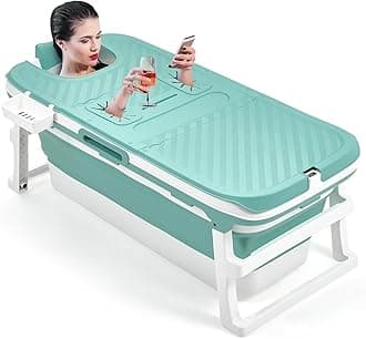 Warmiehomy Portable Bathtub Adult,135x54x61CM Folding Bathtub with Lid,Thicken Barrel Insulated Bathtub with Soap Basket,Neck Pillow,Massage Rollers,Thermometer Display,Deal for Small Spaces,Blue