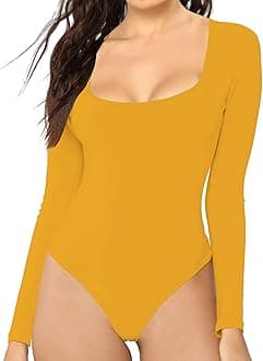 MANGDIUPWomen's Essential Bodysuit - Scoop Neck Long Sleeve Slim Fit Stretch Cotton Spandex Jumpsuit