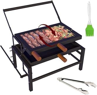 COGO FLIP Large BBQ | Tongs & Oil Brush | Flipping Mechanism | Adjustable 4 Heat Levels | 17 x 22 x 19 inch | Lightweight & Strong Metal Frame | Home Charcoal Grill | Outdoor Barbeque | Colour: Black