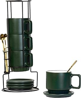 Stackable Coffee Cup Mugs with Rack, Saucers and Spoons, Normal, Green