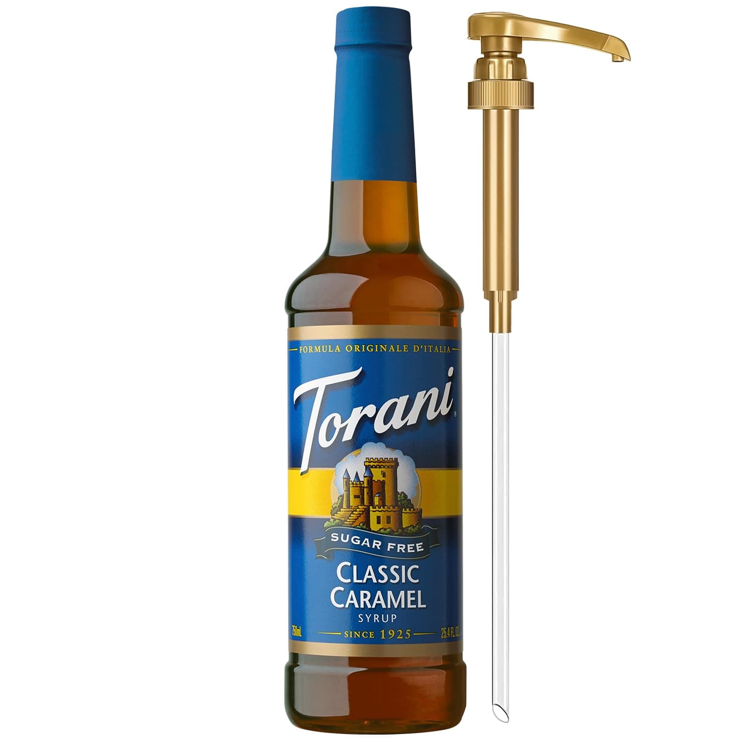 Torani Sugar Free Coffee Syrup, Classic Caramel Flavoring for Drinks, Zero Calorie, Pump Included, 25.4 Fl Oz