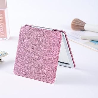 Square Pink Compact Mirror for Women,Small Magnifying Travel Mirror with Glitter,Portable 2 x 1x Magnification Folding Pocket Makeup Mirror Cosmetic Mirror for Gift Travel Essentials