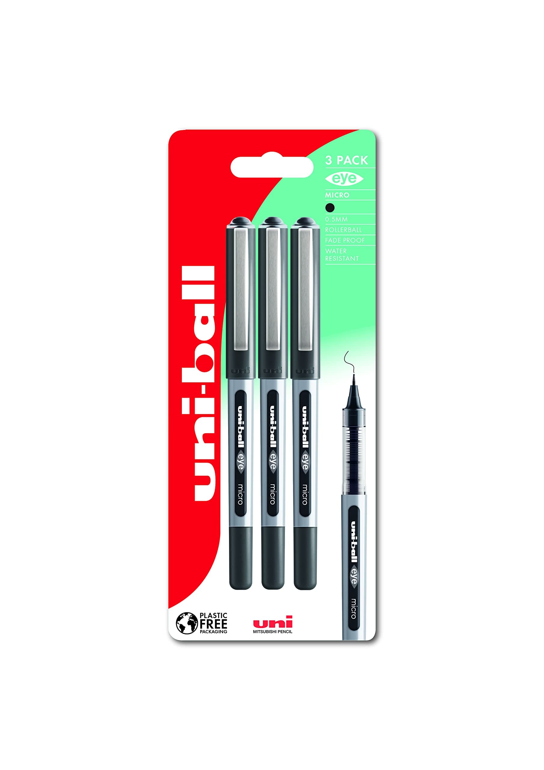 UB-150 Eye Black Rollerball Pens. Premium Micro 0.5mm Ballpoint Tip for Super Smooth Handwriting, Drawing, Art, Crafts and Colouring. Fade and Water Resistant Liquid Uni Super Ink. 3 Pack