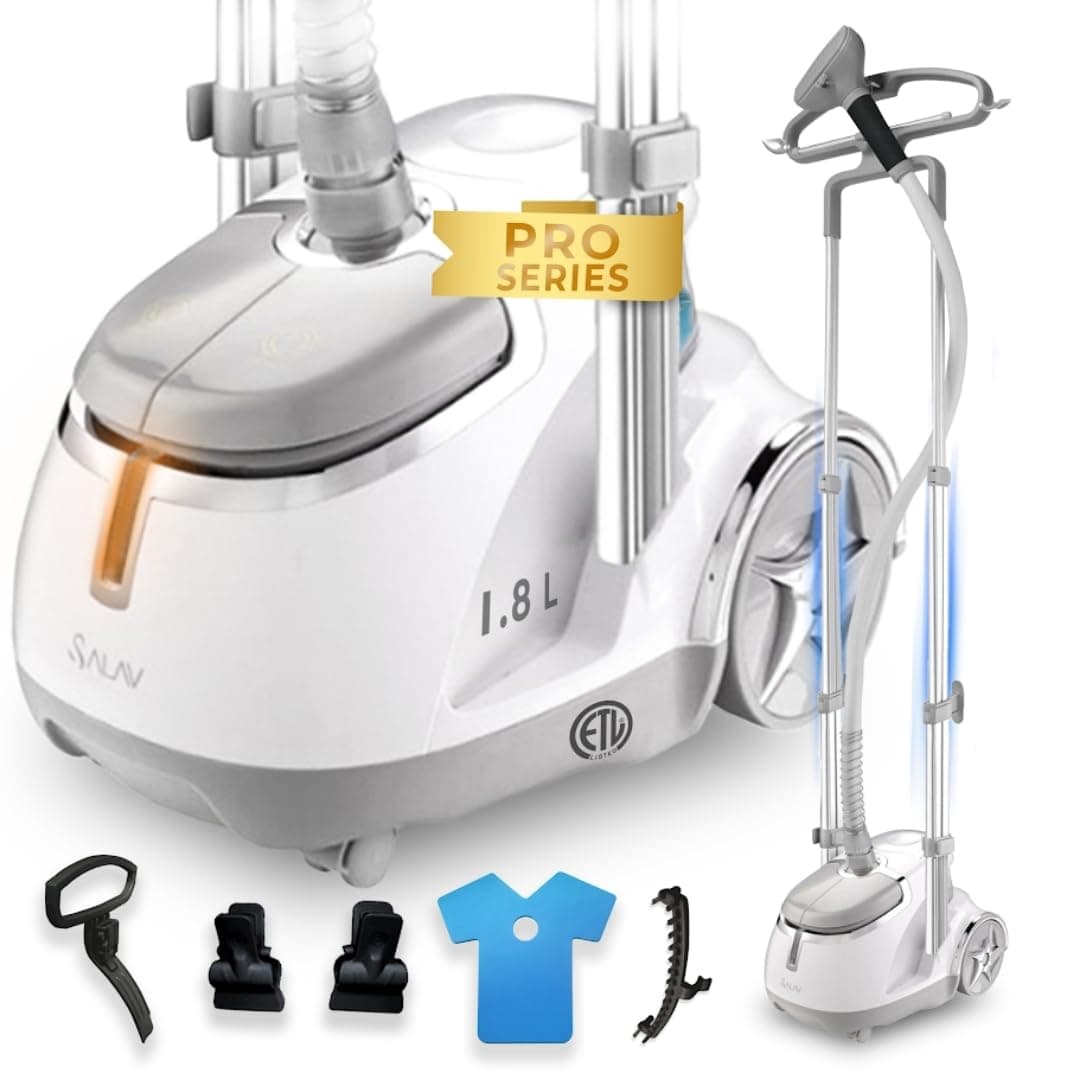 GS45-DJ Professional Upright Garment Steamer with Roll Wheels, Multi-Function Extra Wide Hanger, Fabric Brush & Mini Ironing Paddle, 1500 watts, Silver
