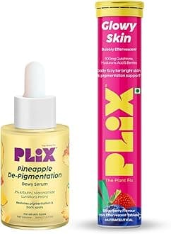 PLIX - THE PLANT FIX Glutathione Skin Glow 15 Effervescent Tablets and Pineapple Serum Combo for Clear Skin, 2% Alpha Arbutin for Unisex with Niacinamide, PHA and Vitamin E, 15ml (Pack of 2)