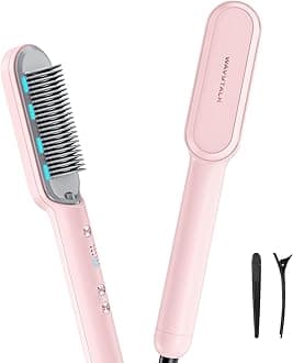 Hair Straightener Brush, Sleek Sweep Ionic Straightening Brush with 6 Temperature Adjust, Anti-Scald Ceramic Straightening Comb Fast Heating for Home Salon, Dual Voltage Pink.