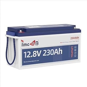 - Timeusb 12V 230Ah LiFePO4 Battery, Built-in 150A BMS, Max. 1920W Power Output & 2944Wh Energy Lithium Battery, 15000 Cycles for Your RVs, Solar System, Off-Grid, Camper, etc