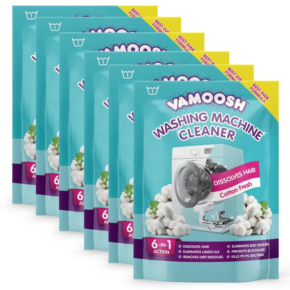 Vamoosh 6-in-1 Washing Machine Cleaner, Cotton Fresh Scent. Dissolves Hair, Eliminates Bad Odours, Removes Limescale, Deep Clean, Leaves Smelling Fresh, Antibacterial, Descales, 6 Washes