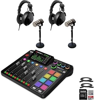 Rode RODECaster Pro II Integrated Audio Production Console with 2x Rode PodMics, NTH-100 Studio Headphones, DS1 Microphone Stands, 32GB microSD Card, XLR Cables and StreamEye Cloth