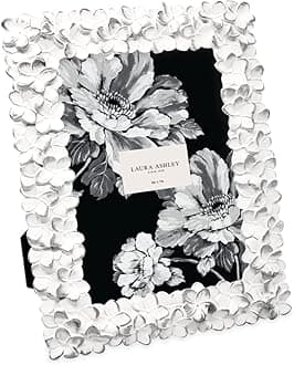 Laura Ashley 5x7 White & Silver Flower Textured Hand-Crafted Resin Picture Frame w/Easel & Hook for Tabletop & Wall Display, Decorative Floral Design Home Décor, Photo Gallery, Art (5x7, White/Silver)