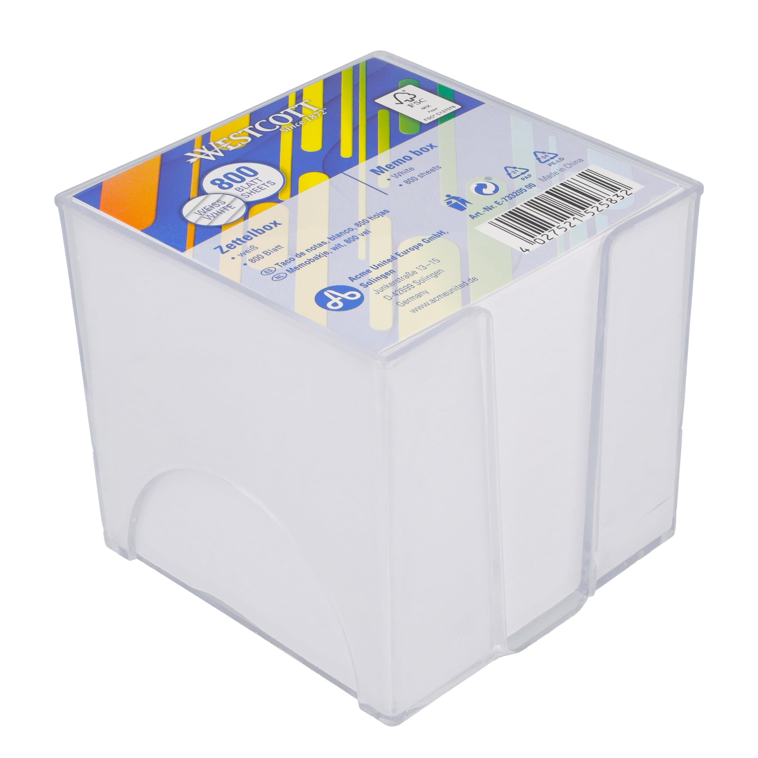 note block white 800 sheets in note box | memo block with 9 x 9 cm sheets in white | sturdy box made of transparent plastic | FSC-certified paper 80g/m² | E-733205 00