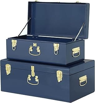Vixdonos Decorative Large Metal Box Storage Trunk Chest Set of 2 College Dorm Organizer with Hardware Hasps and Handle for Home Deocr,23.7X14.2X9.5 Inches,Dark Blue