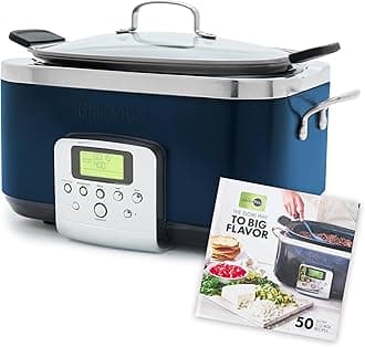 GreenPan Elite 8-in-1 Programmable 6 Quart Electric Slow Cooker, GlassLid & Removable Crock, PFAS-Free Healthy Ceramic Nonstick Multi-Cooker,Sear, Sauté/Brown,Roast, Cobalt Blue + Slow Cooker Cookbook