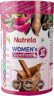 Nutrela Womens Superfood with Biofermented Vitamins, Glucosamine, Cow Milk Calcium Vitamin E - 100% RDA & No Added Sugar - Pack of 400gm, Chocolate Flavour Powder