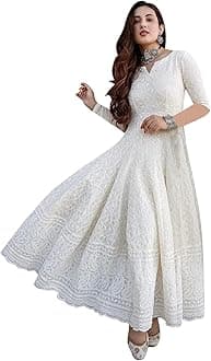 Women's Cotton Blend White Chikankari Anarkali Gown with Dupatta | Dresses for Girls | Pant Not Included ||