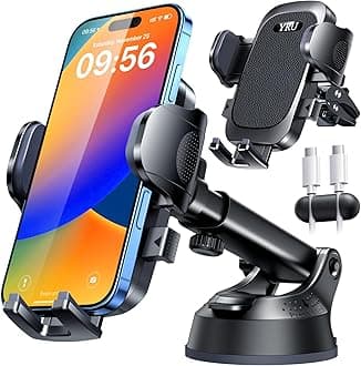- YRU [True Upgrade for Safety] Car Phone Holder Mount [Patent & Military-Grade] Dashboard Cell Phone Holder for Car Vent Windshield Phone Stand for iPhone 17 16 15 14 13 Pro Max Truck Samsung, Black