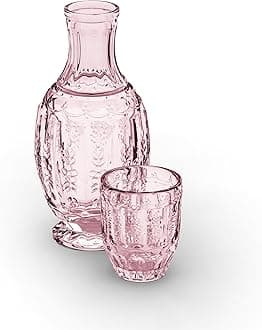 33.8 Oz Carafe Set with Glass Tumbler, Vintage Bedside Glassware for Water or Juice - Unique Antique Pitcher - Beautifully Etched Carafe & Tumbler Duo for Home Decor & Gifting (Pink)