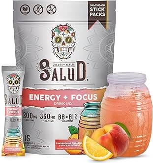 Salud 2-in-1 Energy Drink Powder + Focus, Peach Lemonade, Organic Caffeine, B6 + B12, Theanine, Clean Energy Drink Packets, Agua Fresca Mix, Non-GMO, Gluten Free, Vegan, 1g of Sugar, (15 Servings)