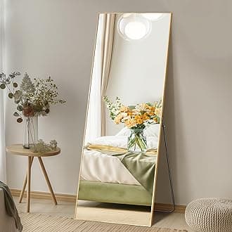 DUMOS Full Length Mirror with Stand Floor Standing Aluminum Frame for Bedroom Body Hanging Leaning Modern Simple Home Decor Shatter-Proorf Nano Glass Wall Living Room Cloakroom Light Gold 59"x16"