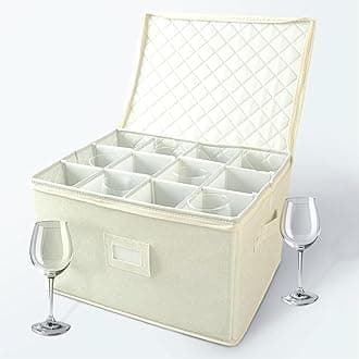 storageLAB Wine Glass Storage Containers, Hard Shell Organizer for Stemware and Glassware Sets, Stackable Wine Glass Storage Box with Dividers for Kitchen and Moving Supplies - 1 Pack, Cream