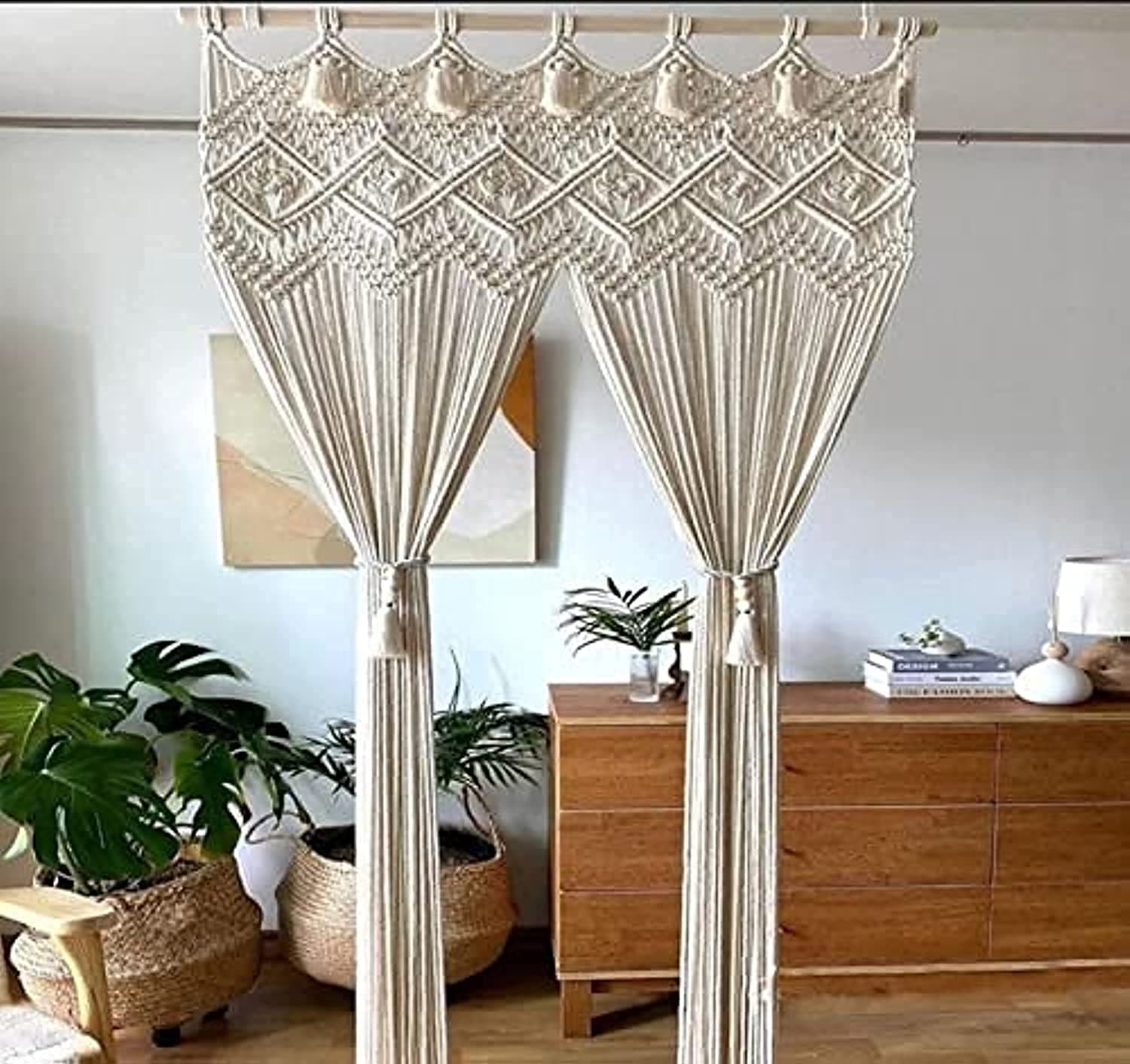 R.R.LALA Cotton Geometric Boho Macrame Handwoven Backdrop Arch Doorway/Window Wall Hanging Curtains (Ivory, 40X80 Inch)(Hookless)