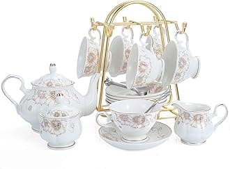 CHENP.HMC 21-Piece Porcelain Ceramic Coffee Tea Gift Sets, Cups& Saucer Service for 6, Teapot, Sugar Bowl, Creamer Pitcher and Teaspoons.