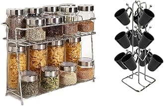 Stainless Steel Spice Rack for Kitchen with V Shape Cup Stand for Dinning Table, Stands and Racks, 2 Tier Kitchen Rack, 12 cup holder stand for kitchen (Pack of 2)Freestanding,Tiered Shelf