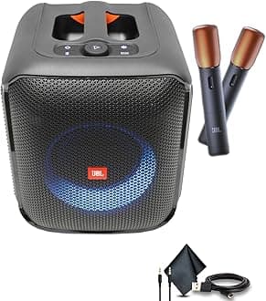 Partybox Encore Speaker, 100W Sound, Built-in Dynamic Light Show, and Splash Proof Design with 2 Wireless Mics (JBLPBENCORE2MICAM) + AUX Cable + USB-C Cable + More