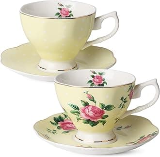 BTaT- Floral Tea Cups and Saucers, Set of 2, 8 oz, Fine Porcelain Teacup Set with Gold Trim for Afternoon Tea, Weddings, Parties & Gifting, Dishwasher Safe, Lightweight, Non-Toxic, Mothers Day Gift