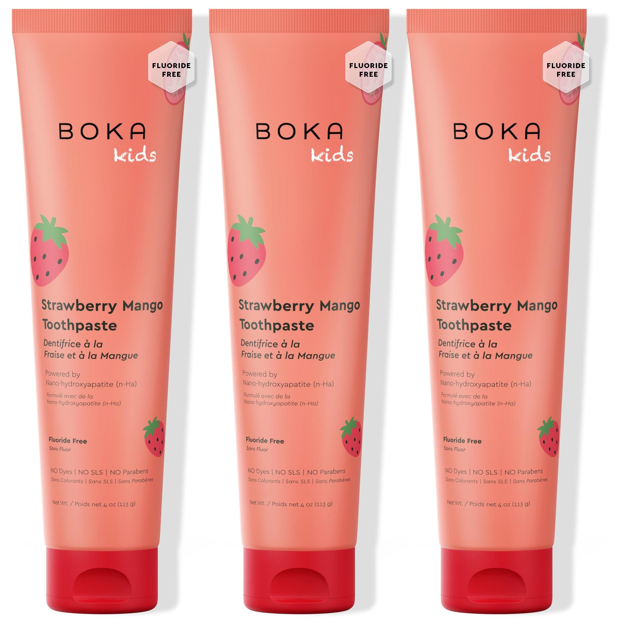 Boka Fluoride Free Toothpaste Nano Hydroxyapatite, Helps Remineralize, Appropriate for Sensitive Teeth, Whitening - for Adult, Kids Oral Care - Strawberry Mango Flavor, 4oz 3Pk - US Manufactured