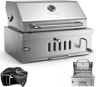 Large Charcoal BBQ Grills, Built in Barbecue Grill with Liftable Tray, Insulated Hood & Temp Gauge, Silver Stainless Steel BBQ Barrel Grill for Outdoor Kitchen Cooking Family Parties Patio Park Style