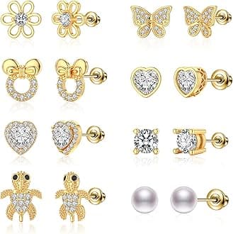 TOPBRIGHT8 Pairs Hypoallergenic Earrings 925 Sterling Silver Stud Earrings White Heart CZ Tiny Butterfly For Kids, Toddlers, Little Girls, Teens, Women