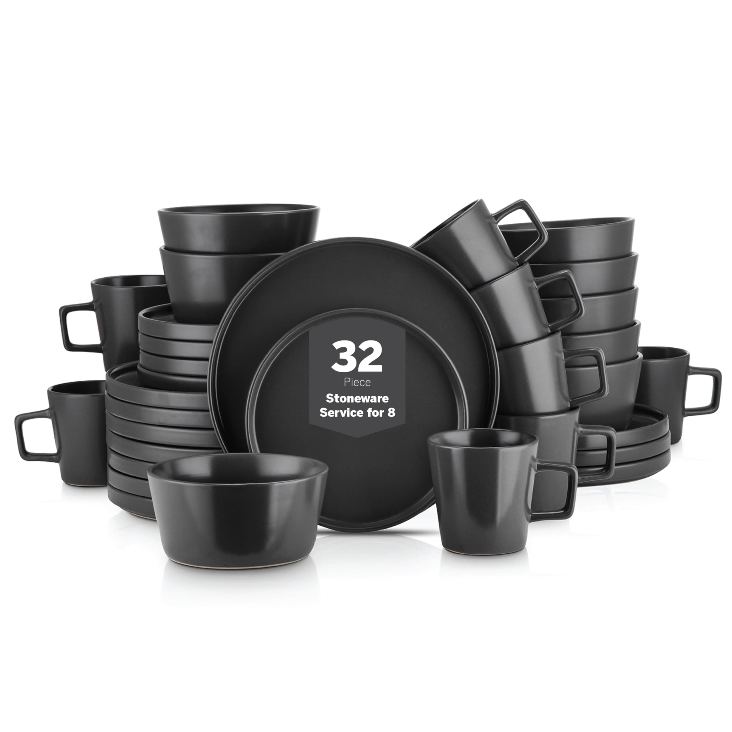 Celina Stoneware 32 Piece Modern Dinnerware Set, Plates and Bowls, Black Matte, Service for 8, Microwave & Dishwasher Safe