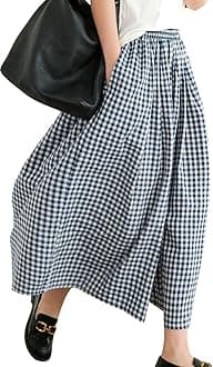 chouyatou Women's Cotton Linen Pants Elastic Waist Plaid Gingham Wide Leg Capri Palazzo Pants, Blue, M