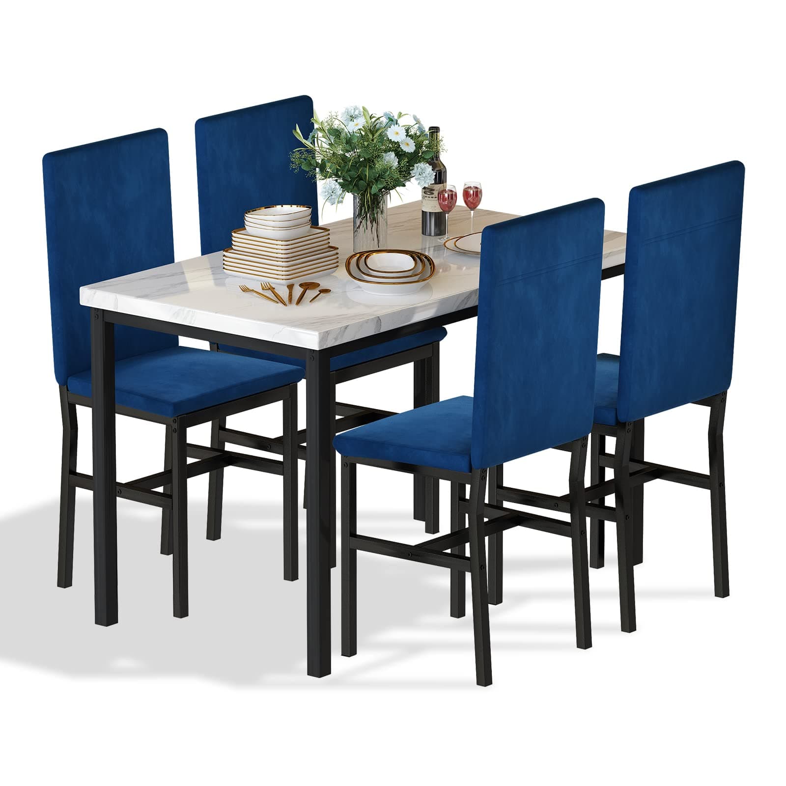 Dining Table Set for 4- Space Saving Kitchen Table and Chairs for 4, Modern Style Faux Marble Tabletop & 4 Blue Velvet Chairs for Dining Room, Kitchen, Breakfast Corner Small Spaces, Blue