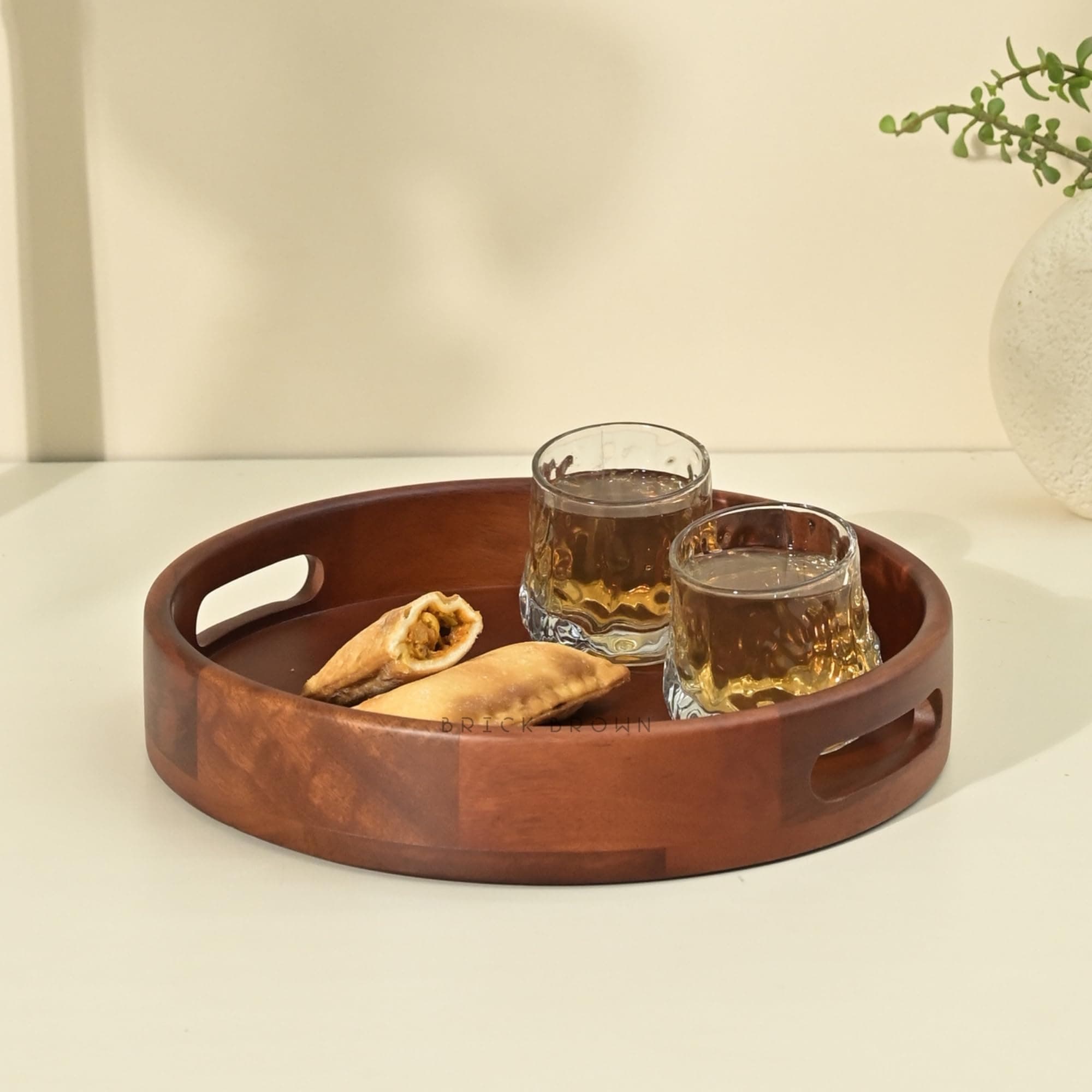 BRICK BROWN ยฎ Premium Handcrafted Classic Round Tray for Breakfast Serving Trays Dining Table Home Decoration Wooden Tray Unique Design Handmade Multipurpose Serving Tray in Mango Wood(12x12 Inch)