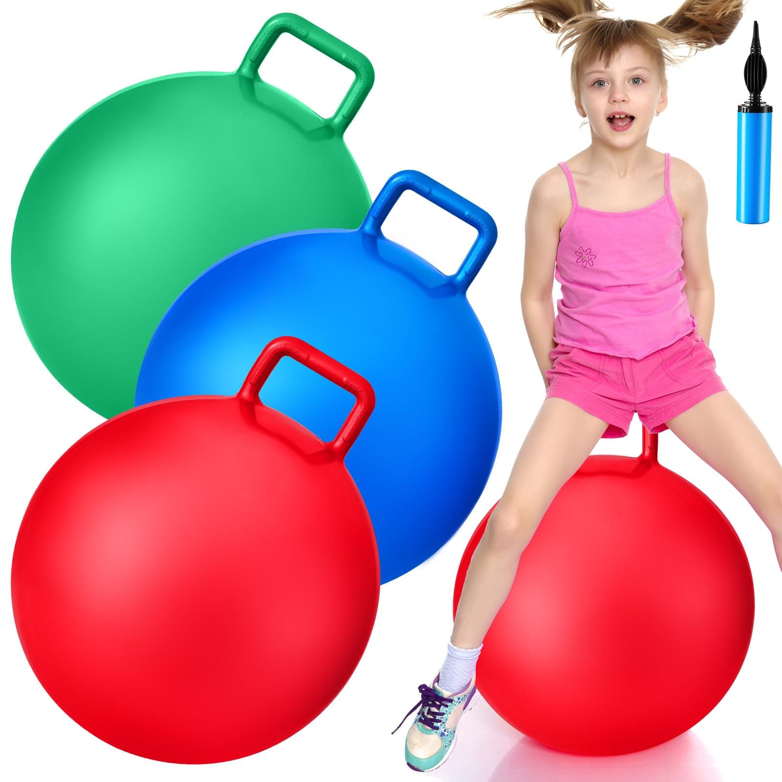 3 Pcs 22 Inch Bouncing Ball with Handle, Outdoors Hopper Jumping Hopping Ball and Air Pump for Sports Exercise (Red, Blue, Green)