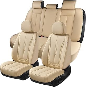 Coverado Car Seat Covers Full Set, Beige Seat Covers Front Seats Back Seat Covers, Nappa Leather Waterproof Car Seat Cover, Car Seat Cushion, Car Seat Protector Universal Fit Most Cars