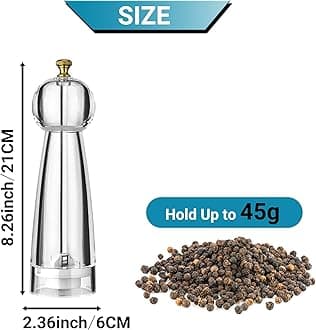 Salt and Pepper Grinder Set, Pepper Mills Classic Manual Transparent Acrylic Rotor, 2PCS 8IN Large Capacity Pepper & Salt Grinder Seasoning Bottle, Ceramic Core Adjustable Coarseness for Fresh Spices