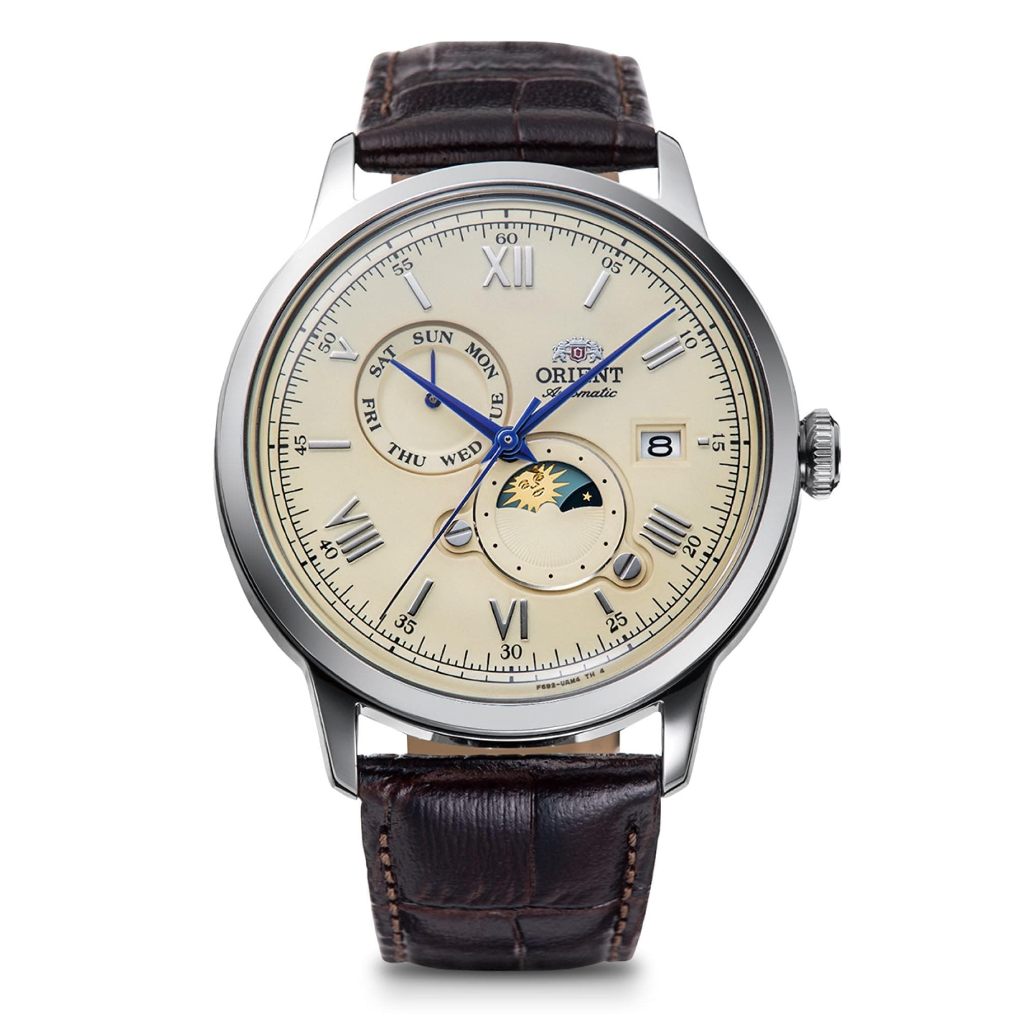 Orient Bambino RN-AK0803Y Sun & Moon Automatic Watch, Automatic Watch, Made in Japan, Automatic, RN-AK0803Y, Men's, White and Silver, Ivory, Classic