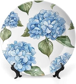 Ceramic Decorative Plate Decorative Plates Personalized Blue Hydrangea Pattern Printed Porcelain Plate with Vertical Stand for Home Office Wall Hanging Decor