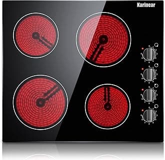 Karinear 4 Burner Electric Cooktop 24 Inch, Built-in Stove Top, 220-240v Radiant Cooktop with Knob Control, Residual Heat Indicator, Over-Temperature Protection, Hard Wire(No Plug)