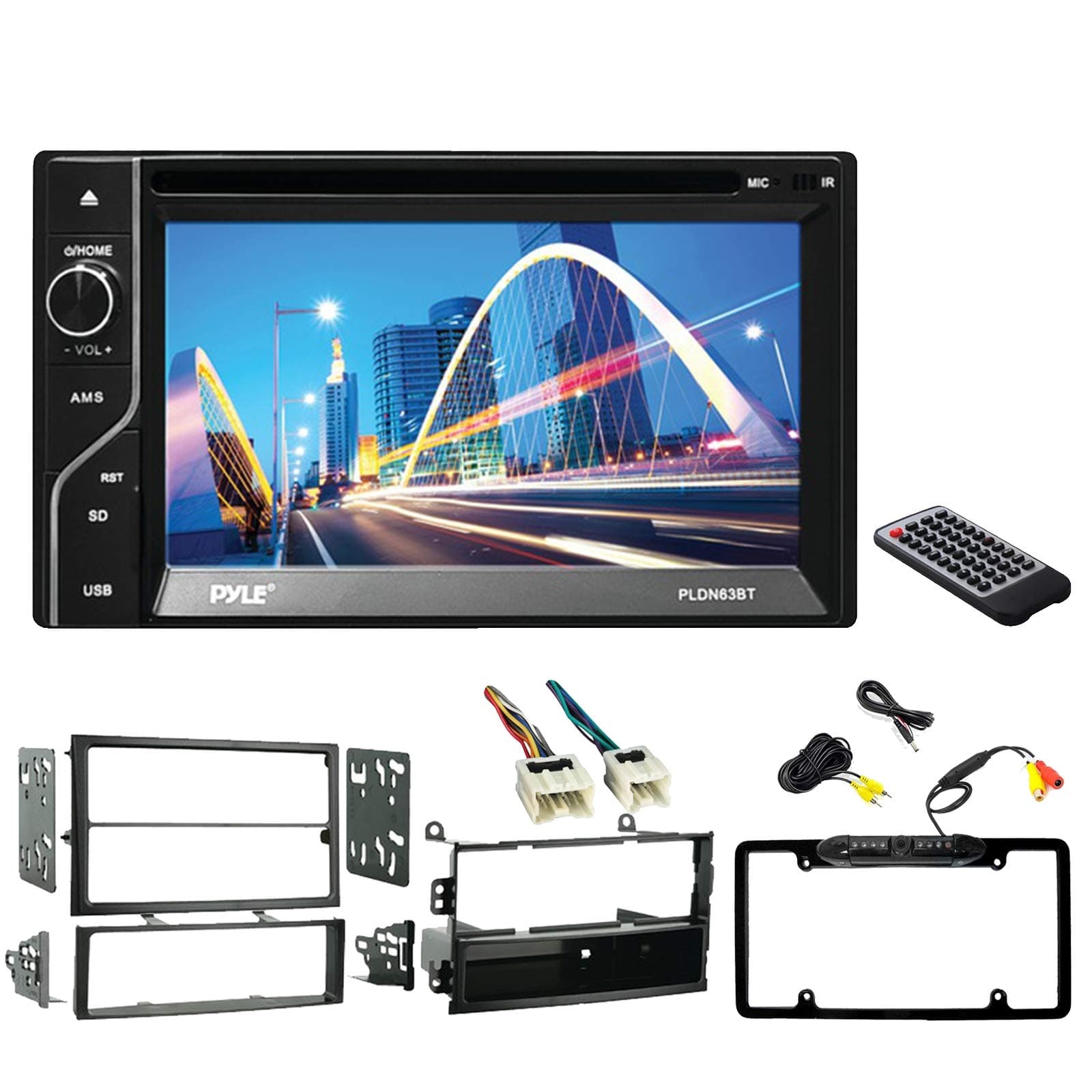 Pyle PLDN63BT 6.5'' Display Double-DIN Bluetooth Receiver, Metra 99-7402 Dash Kit for 2003-2005 Nissan 350Z, Metra Wiring Harness, Enrock Car Rearview Waterproof Camera