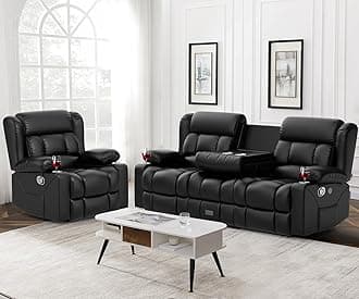 Dresegmt Loveseat Recliner Sofa Set, Flip Middle Backrest Design PU Leather 3 Seater Reclining Sofa and Single Oversized Recliner Chair, Manual Couches for Living Room (Black, PU 3+1)