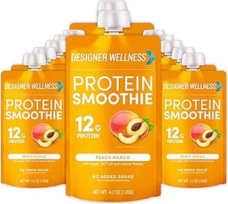 Designer Wellness Protein Smoothie, Real Fruit, 12g Protein, Low Carb, Zero Added Sugar, Gluten-Free, Non-GMO, No Artificial Colors or Flavors, Peach Mango, 12 Count